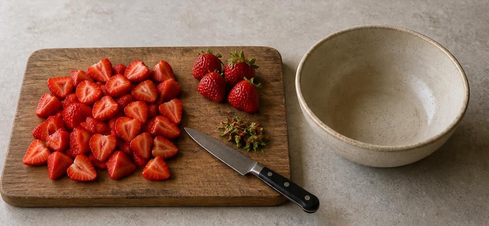 Griechischer Joghurt mit Erdbeeren, Walnüssen und Ahornsirup – Zubereitung Schritt für Schritt – Erdbeeren vorbereiten