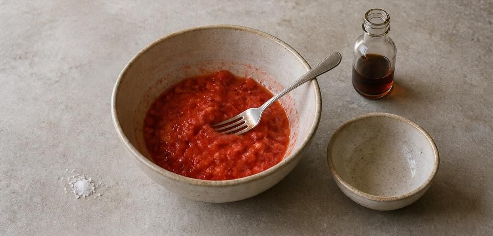 Griechischer Joghurt mit Erdbeeren, Walnüssen und Ahornsirup – Zubereitung Schritt für Schritt – Erdbeerpüree herstellen