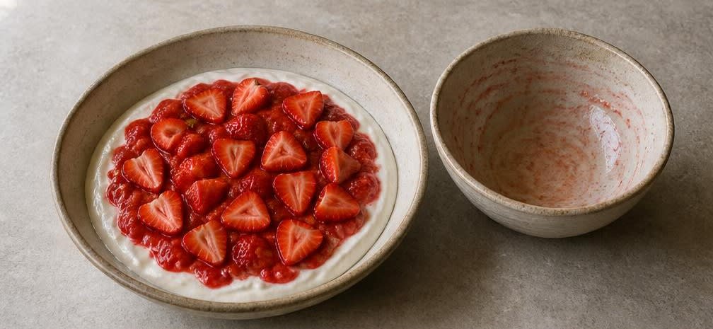 Griechischer Joghurt mit Erdbeeren, Walnüssen und Ahornsirup – Zubereitung Schritt für Schritt – Joghurt und Erdbeeren schichten
