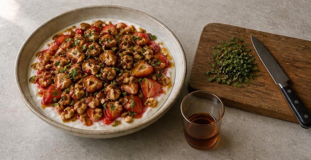 Griechischer Joghurt mit Erdbeeren, Walnüssen und Ahornsirup – Zubereitung Schritt für Schritt – Anrichten