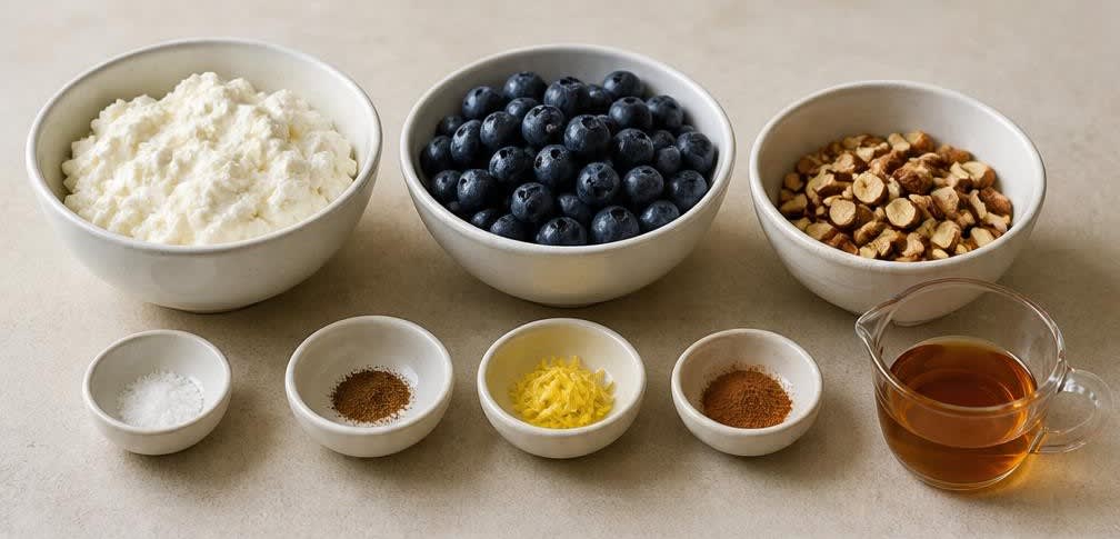 Cremiger Magerquark mit frischen Blaubeeren und Knuspermandeln – Zutaten bereitstellen