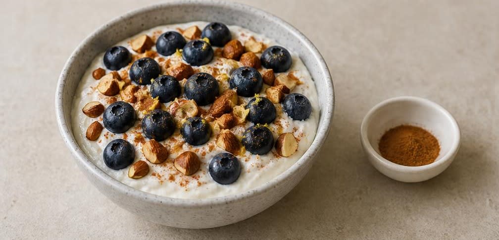 Cremiger Magerquark mit frischen Blaubeeren und Knuspermandeln – Zubereitung Schritt für Schritt – Anrichten und garnieren