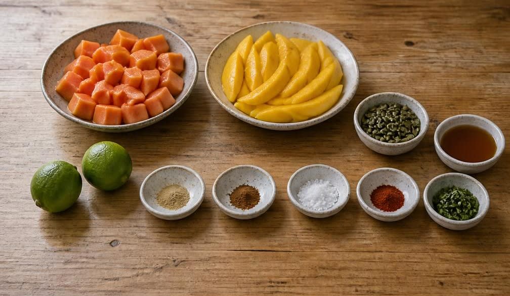 Äthiopischer Obstteller mit Papaya, Mango und Würz-Honig – Zutaten bereitstellen