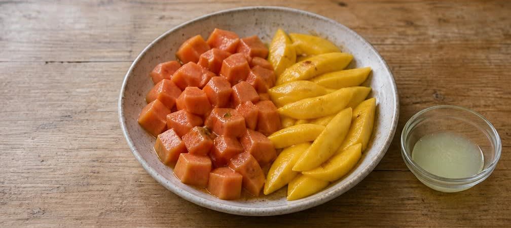 Äthiopischer Obstteller mit Papaya, Mango und Würz-Honig – Zubereitung Schritt für Schritt – Früchte anrichten und beträufeln
