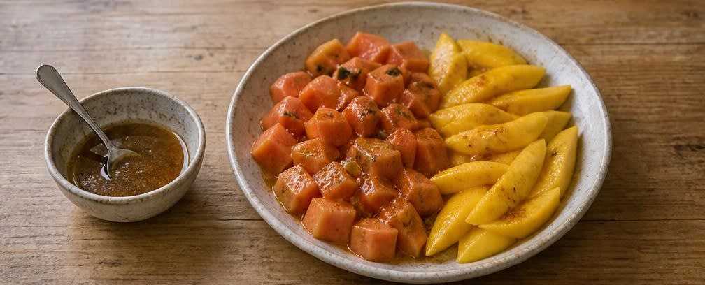 Äthiopischer Obstteller mit Papaya, Mango und Würz-Honig – Zubereitung Schritt für Schritt – Würz-Honig verteilen