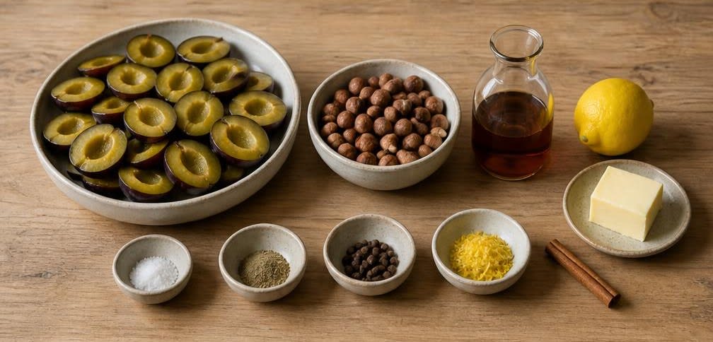 Skandinavisch gedämpfte Pflaumen mit gerösteten Haselnüssen – Zutaten