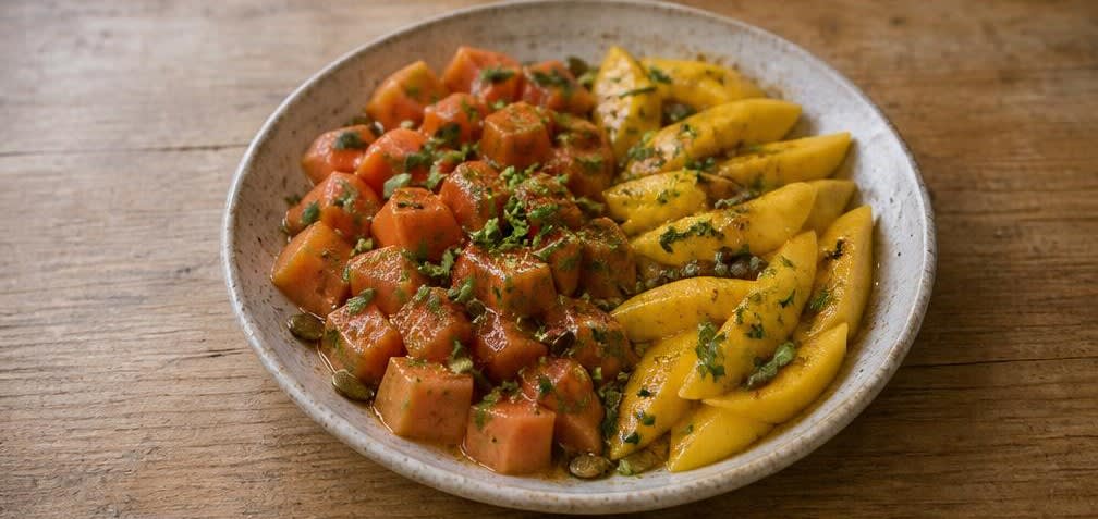 Äthiopischer Obstteller mit Papaya, Mango und Würz-Honig – Zubereitung Schritt für Schritt – Anrichten
