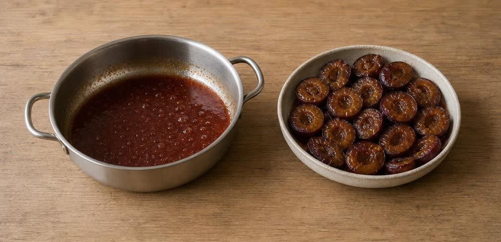 Skandinavisch gedämpfte Pflaumen mit gerösteten Haselnüssen – Zubereitung Schritt für Schritt – Sirup einkochen
