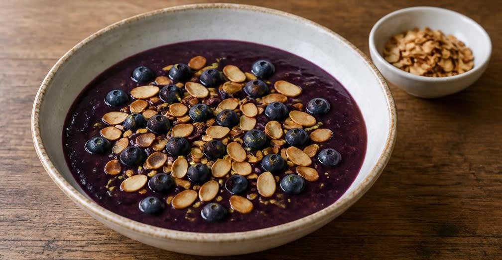 Skandinavische Blaubeer-Kaltschale mit gerösteten Mandeln – Zubereitung Schritt für Schritt – Anrichten