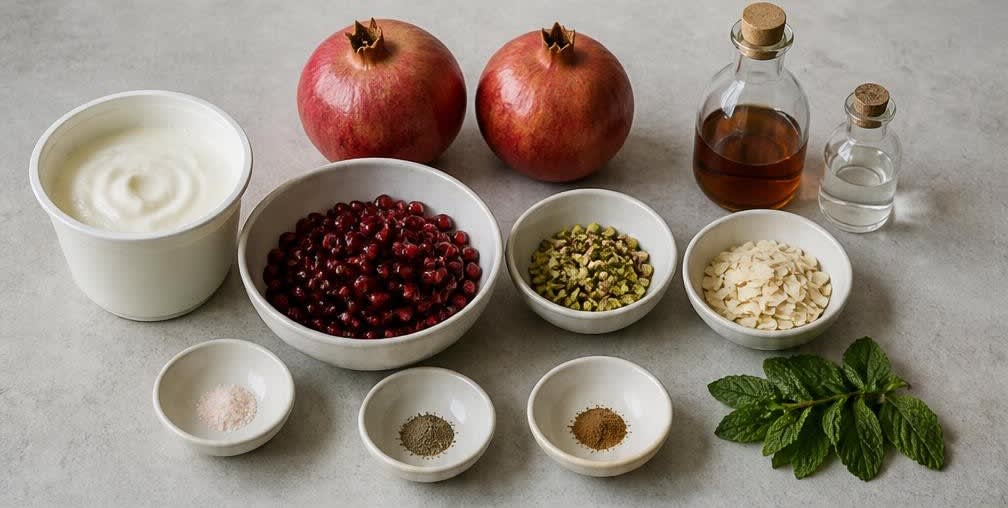Persisches Granatapfel-Dessert mit Pistazien und Kardamom-Joghurt – Zutaten