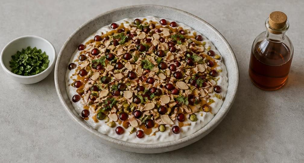 Persisches Granatapfel-Dessert mit Pistazien und Kardamom-Joghurt – Zubereitung Schritt für Schritt – Servierfertig garnieren