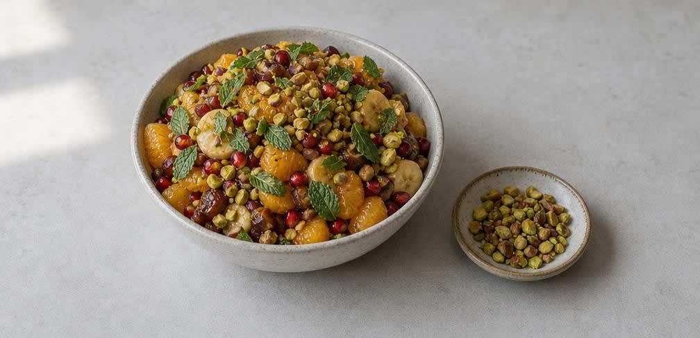 Libanesischer Obstsalat mit Granatapfel und Orangenblütenwasser – Zubereitung Schritt für Schritt – Anrichten