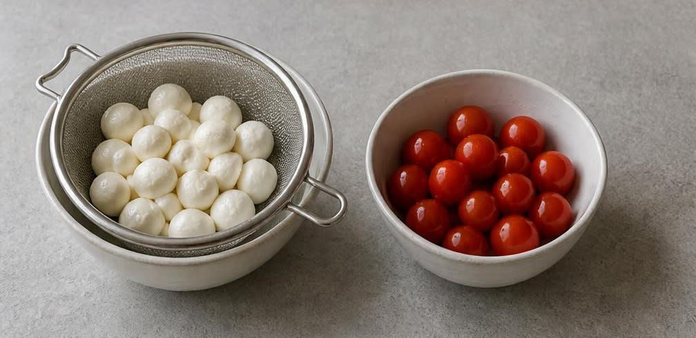 Caprese-Spieße mit Zitronen-Olivenöl-Marinade – Zubereitung Schritt für Schritt – Tomaten und Mozzarella vorbereiten