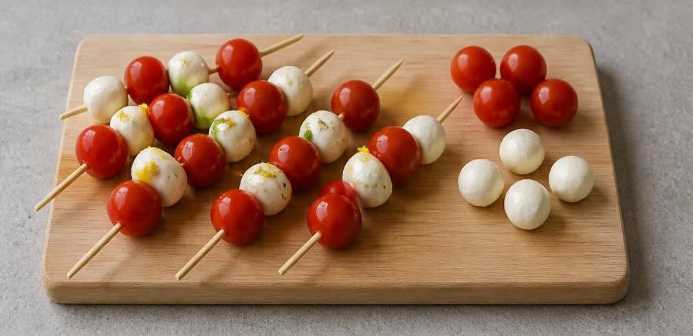 Caprese-Spieße mit Zitronen-Olivenöl-Marinade – Zubereitung Schritt für Schritt – Spieße reihen
