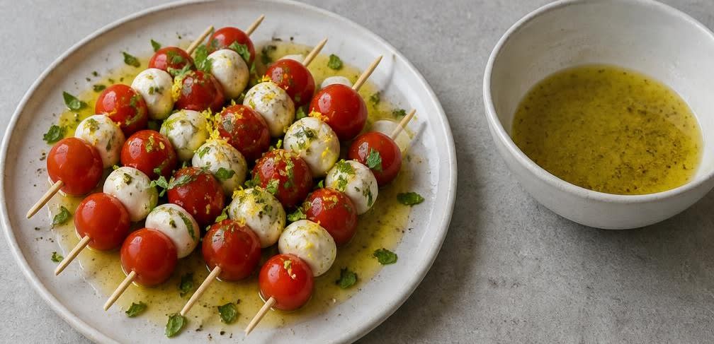 Caprese-Spieße mit Zitronen-Olivenöl-Marinade – Zubereitung Schritt für Schritt – Anrichten und garnieren