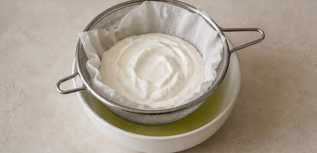 Klassisches Tzatziki mit Gurke und Knoblauch – Zubereitung Schritt für Schritt – Joghurt abtropfen lassen