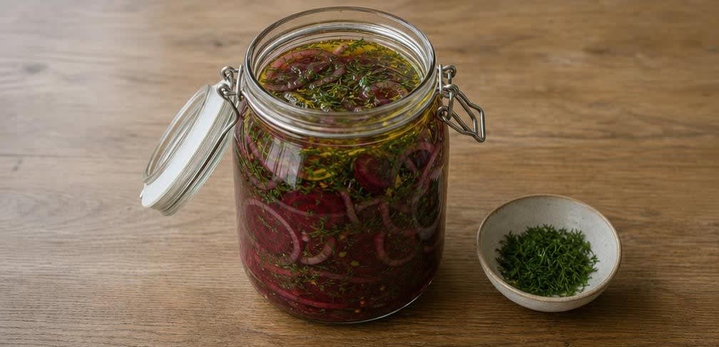 Eingelegte skandinavische Rote Bete mit Kräutern – Zubereitung Schritt für Schritt – Öl und Dill hinzufügen