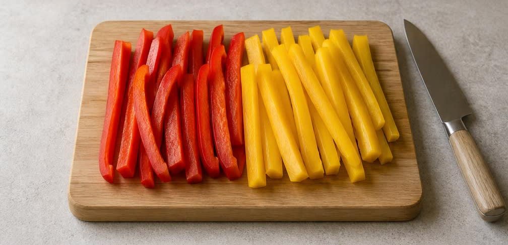 Paprika-Sticks mit orientalischem Hüttenkäse-Dip – Zubereitung Schritt für Schritt – Paprika schneiden