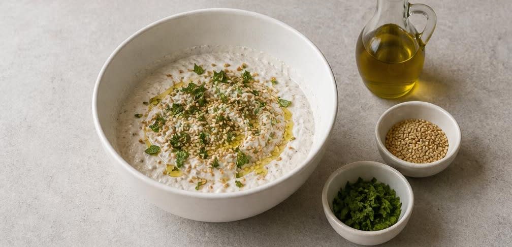 Paprika-Sticks mit orientalischem Hüttenkäse-Dip – Zubereitung Schritt für Schritt – Dip garnieren