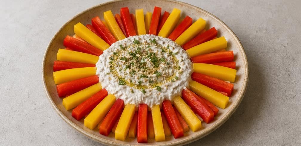 Paprika-Sticks mit orientalischem Hüttenkäse-Dip – Zubereitung Schritt für Schritt – Anrichten
