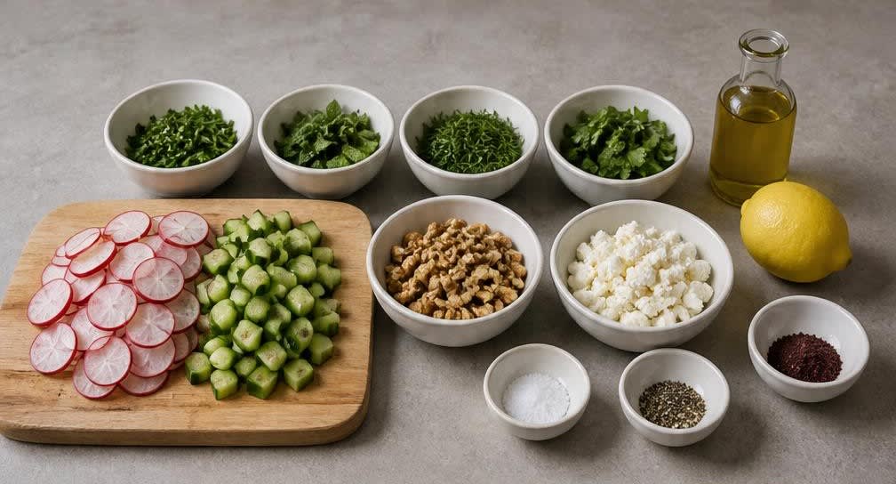 Persischer Kräutersalat mit Radieschen, Feta und Walnüssen – Zutaten bereitstellen