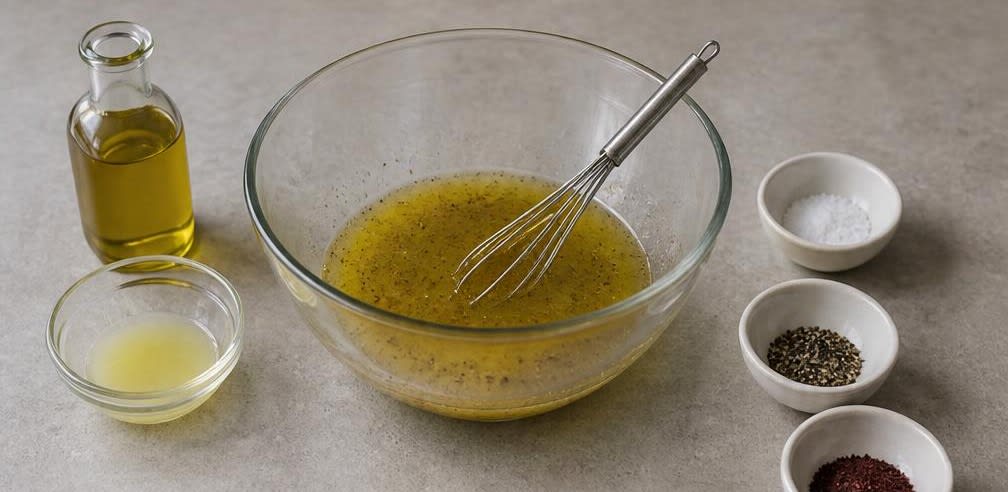 Persischer Kräutersalat mit Radieschen, Feta und Walnüssen – Zubereitung Schritt für Schritt – Vinaigrette herstellen