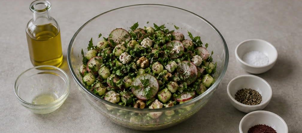 Persischer Kräutersalat mit Radieschen, Feta und Walnüssen – Zubereitung Schritt für Schritt – Salat mischen