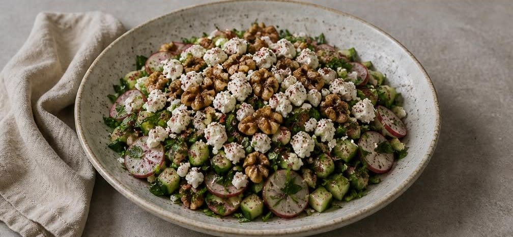 Persischer Kräutersalat mit Radieschen, Feta und Walnüssen – Zubereitung Schritt für Schritt – Salat anrichten