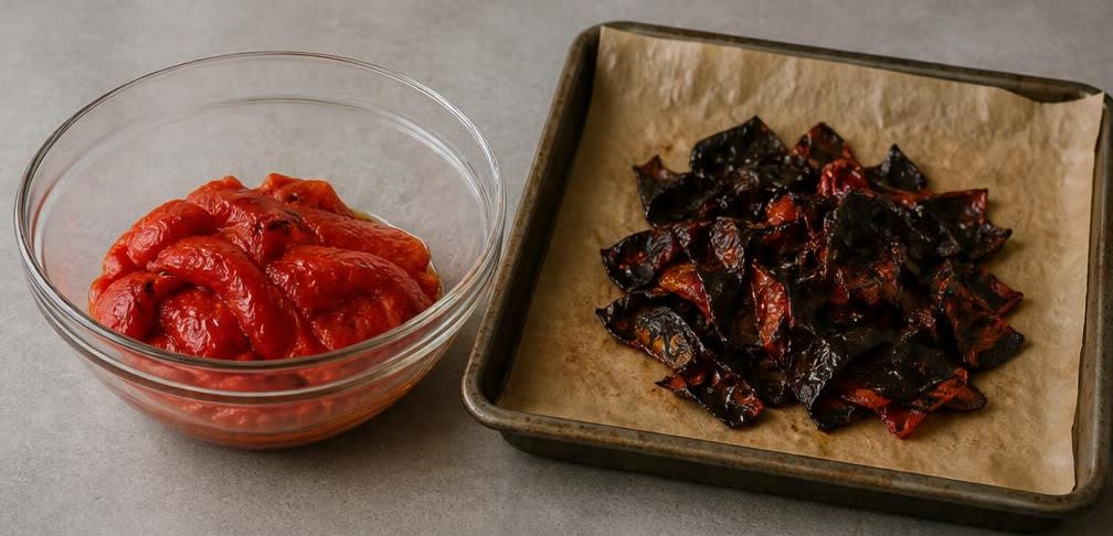 Libanesischer Paprika-Walnuss-Dip mit Olivenöl – Zubereitung Schritt für Schritt – Paprika häuten