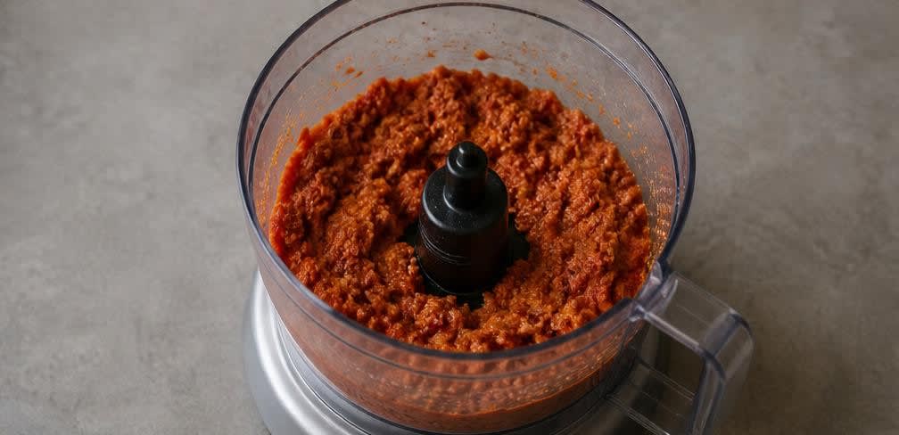 Libanesischer Paprika-Walnuss-Dip mit Olivenöl – Zubereitung Schritt für Schritt – Paste mixen