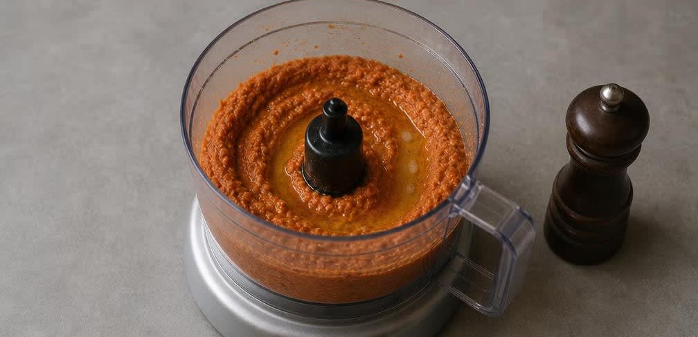 Libanesischer Paprika-Walnuss-Dip mit Olivenöl – Zubereitung Schritt für Schritt – Dip emulgieren