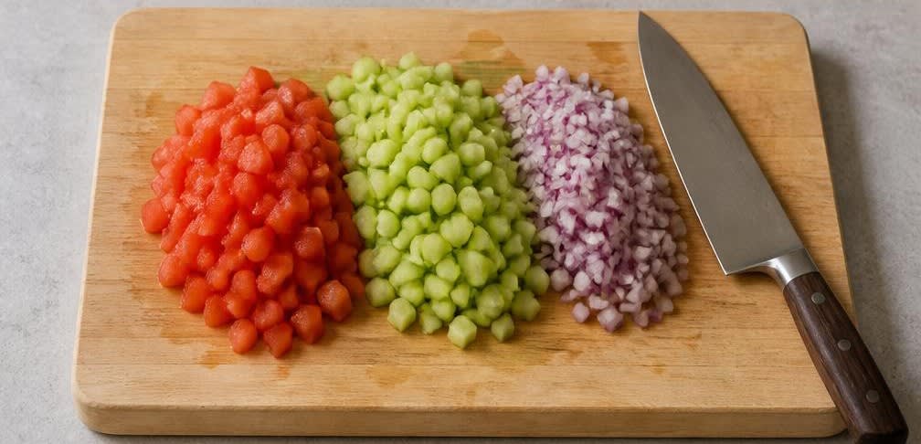 Libanesisches Taboulé mit frischer Petersilie und Bulgur – Zubereitung Schritt für Schritt – Gemüse würfeln