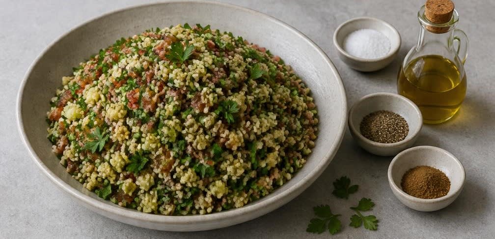Libanesisches Taboulé mit frischer Petersilie und Bulgur – Zubereitung Schritt für Schritt – Salat würzen und anrichten