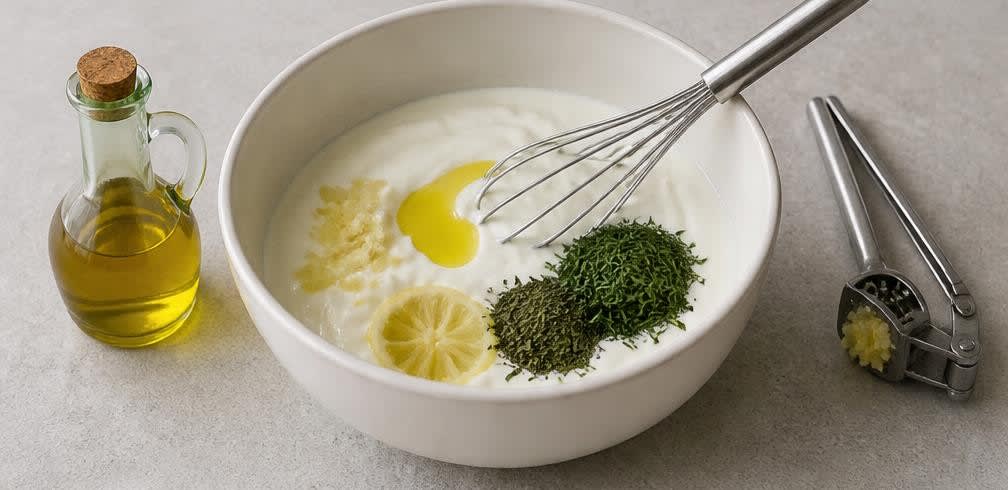 Türkischer Gurkensalat mit Joghurt und Dill – Zubereitung Schritt für Schritt – Joghurtsoße herstellen