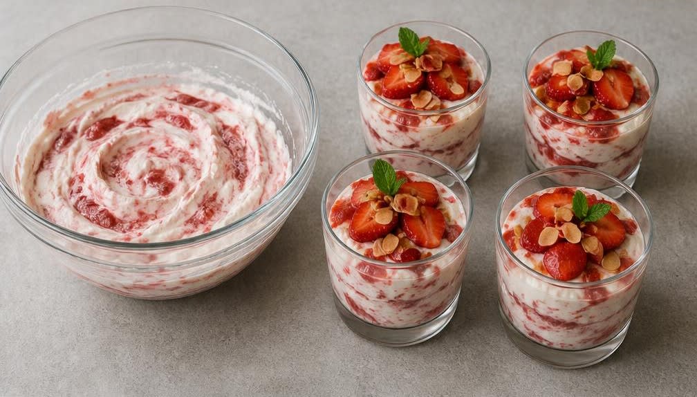 Italienische Ricotta-Creme mit Erdbeeren und Röstmandeln – Zubereitung Schritt für Schritt – Anrichten