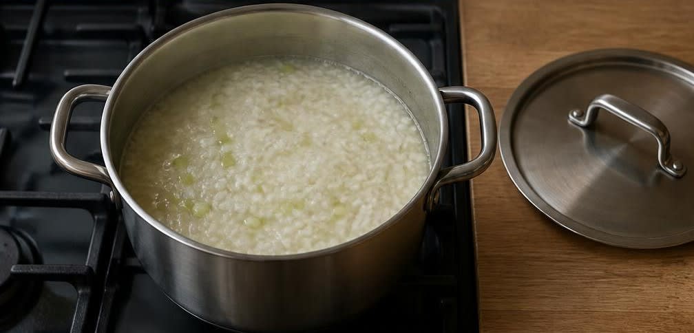 Thailändische Reissuppe mit Garnelen (Khao Tom Goong) – Zubereitung Schritt für Schritt – Reis und Sellerie kochen