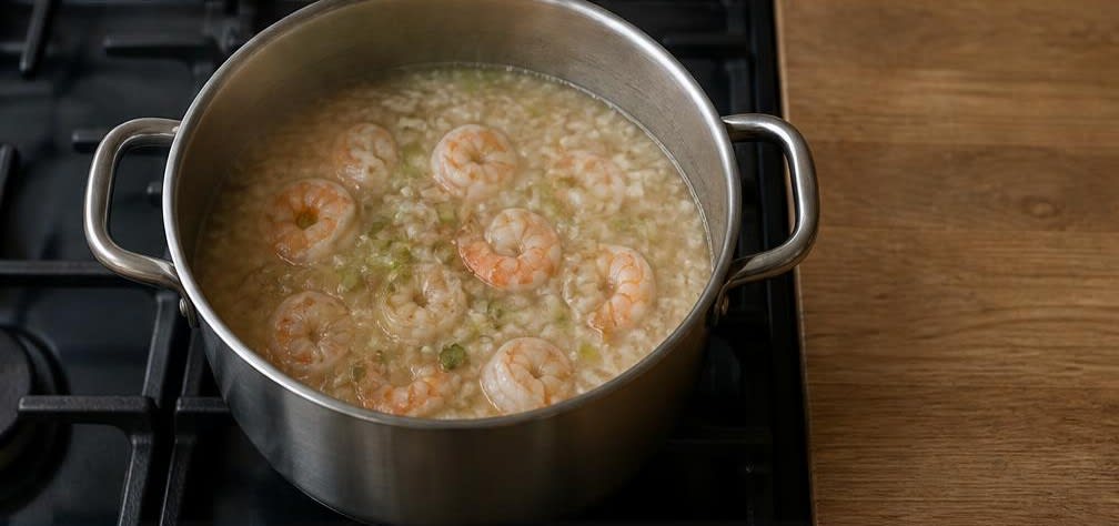 Thailändische Reissuppe mit Garnelen (Khao Tom Goong) – Zubereitung Schritt für Schritt – Garnelen gar ziehen lassen