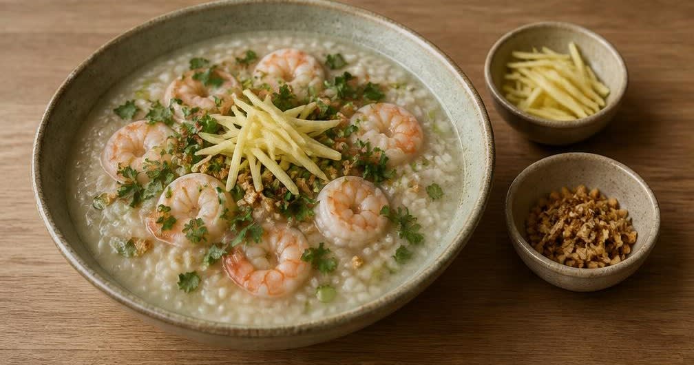 Thailändische Reissuppe mit Garnelen (Khao Tom Goong) – Zubereitung Schritt für Schritt – Anrichten