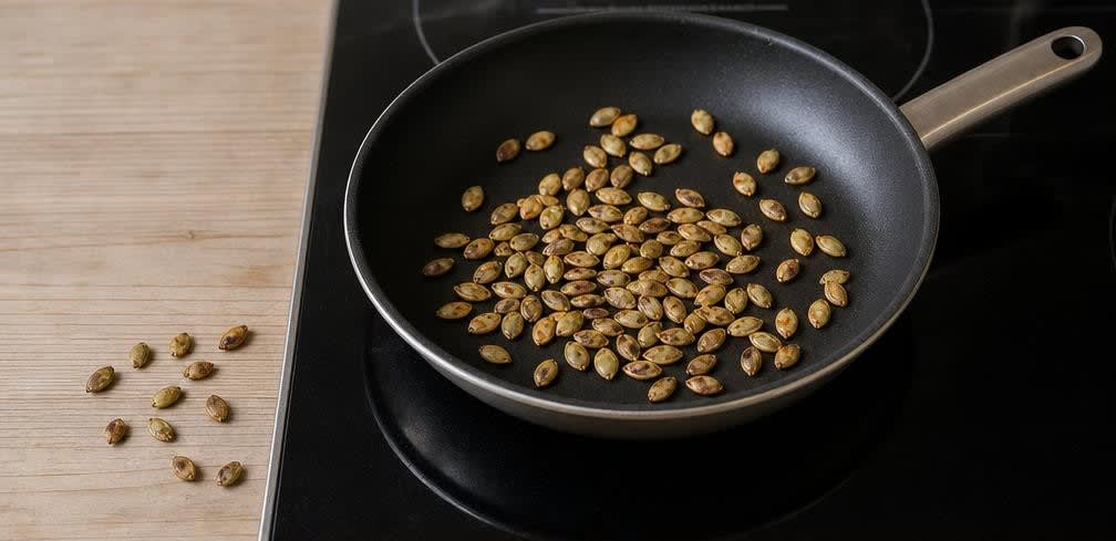Koreanischer Reisbrei mit Süßkürbis (Hobak-Juk) – Zubereitung Schritt für Schritt – Kürbiskerne rösten