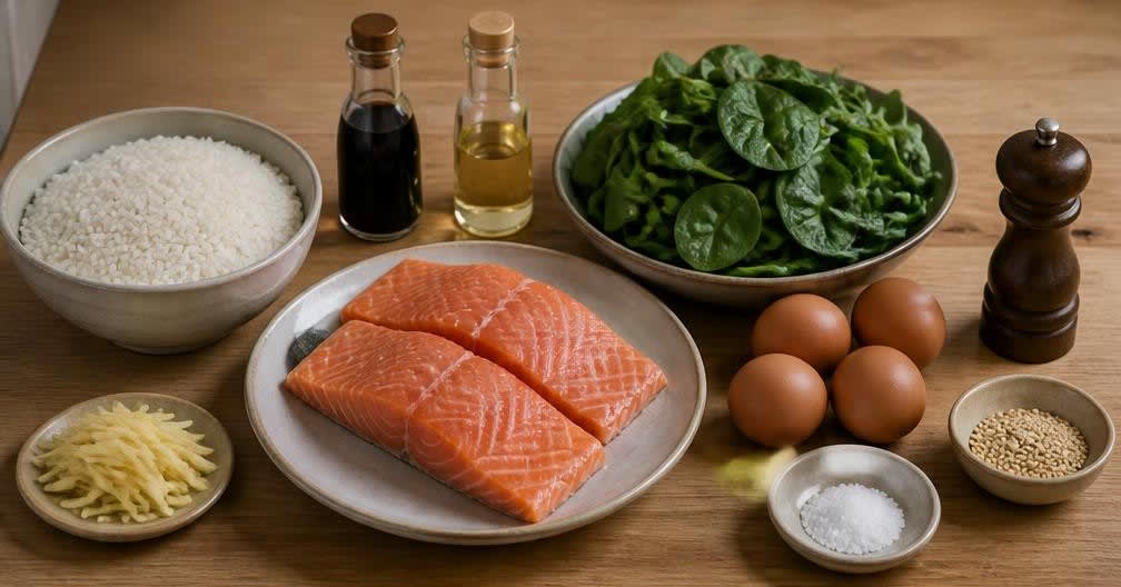 Japanisches Frühstück: Gedämpfter Lachs auf Reis mit Spinat und Ei – Zutaten