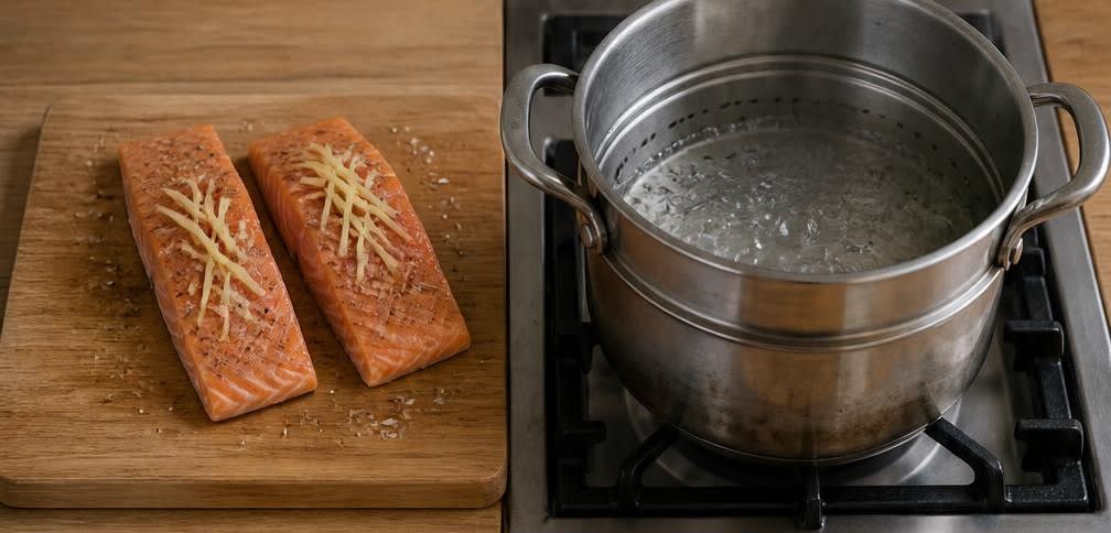 Japanisches Frühstück: Gedämpfter Lachs auf Reis mit Spinat und Ei – Zubereitung Schritt für Schritt – Lachs vorbereiten