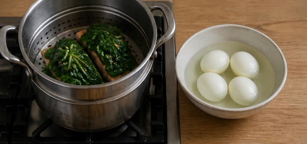 Japanisches Frühstück: Gedämpfter Lachs auf Reis mit Spinat und Ei – Zubereitung Schritt für Schritt – Lachs, Spinat & Eier kochen