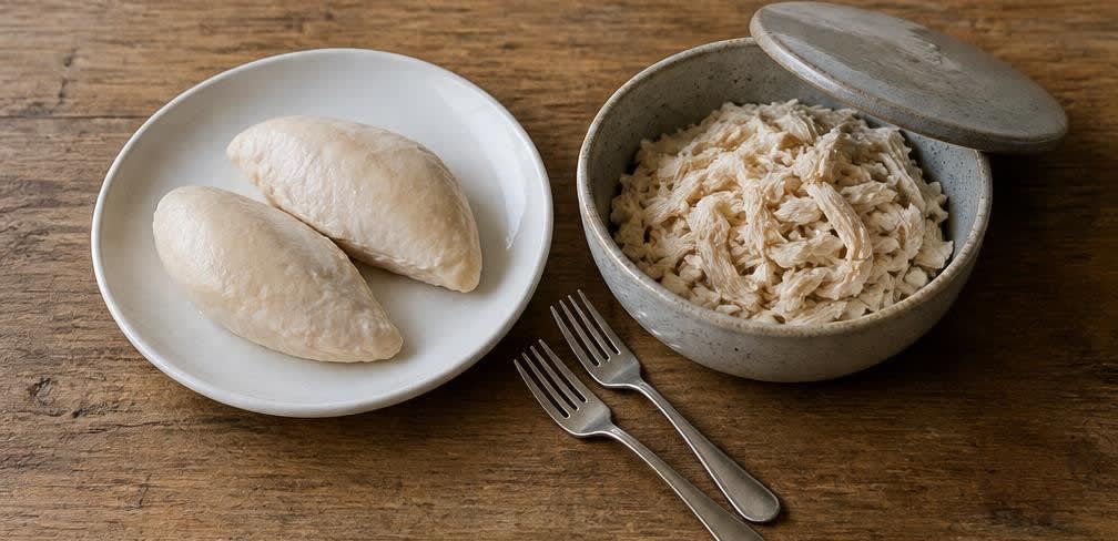 Cremiges Reis-Congee mit gebratenem Ingwer und zartem Huhn – Zubereitung Schritt für Schritt – Huhn zupfen