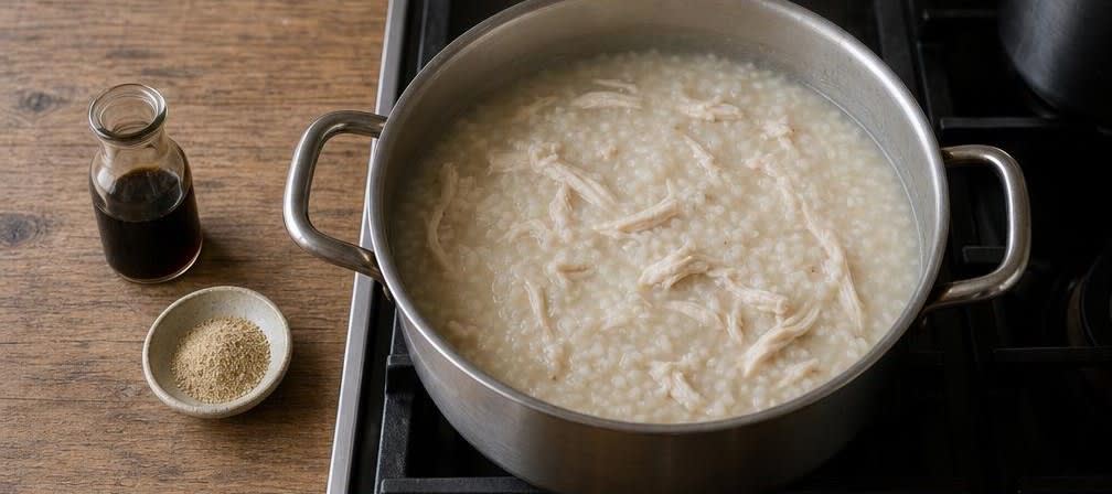 Cremiges Reis-Congee mit gebratenem Ingwer und zartem Huhn – Zubereitung Schritt für Schritt – Huhn und Gewürze einrühren