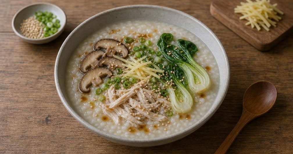 Cremiges Reis-Congee mit gebratenem Ingwer und zartem Huhn – Zubereitung Schritt für Schritt – Anrichten