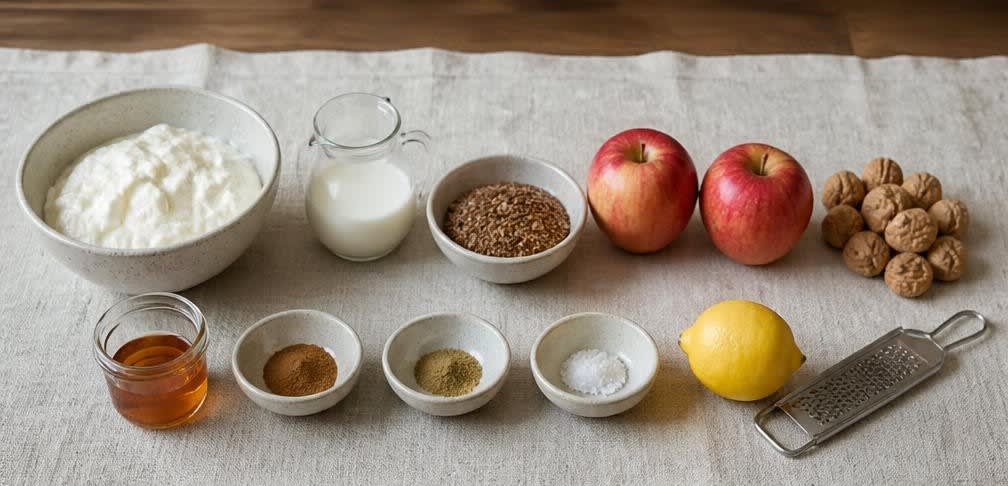 Skandinavischer Magerquark mit geschroteten Leinsamen, Apfel und Walnüssen – Zutaten