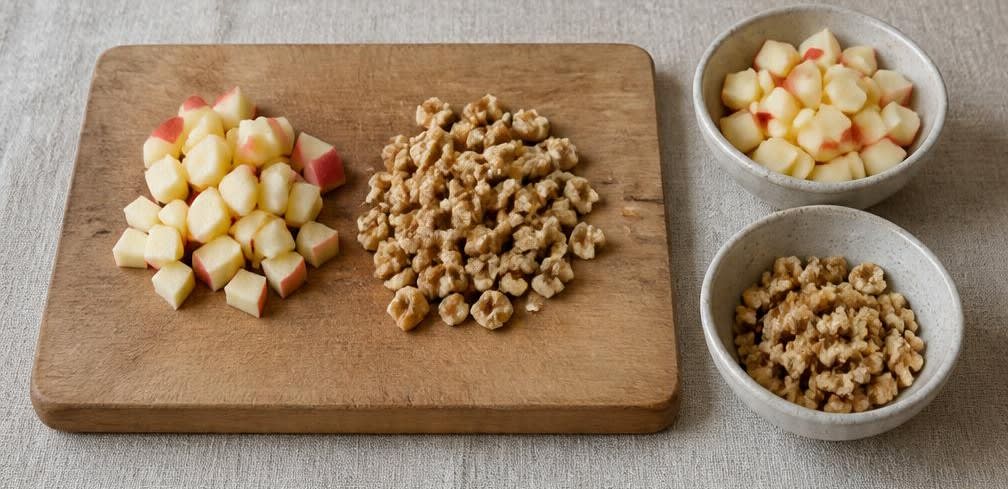 Skandinavischer Magerquark mit geschroteten Leinsamen, Apfel und Walnüssen – Zubereitung Schritt für Schritt – Äpfel und Walnüsse vorbereiten