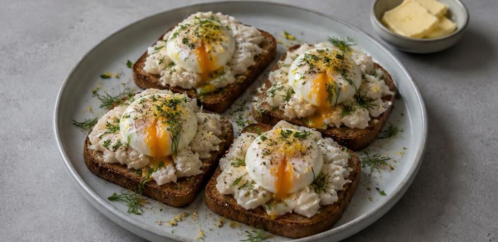 Gedämpfter Kabeljau mit weichem Ei auf Vollkornbrot – Zubereitung Schritt für Schritt – Anrichten