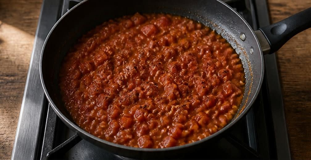 Portugiesisches Tomaten-Rührei auf Knusperbrot – Zubereitung Schritt für Schritt – Tomaten einkochen lassen