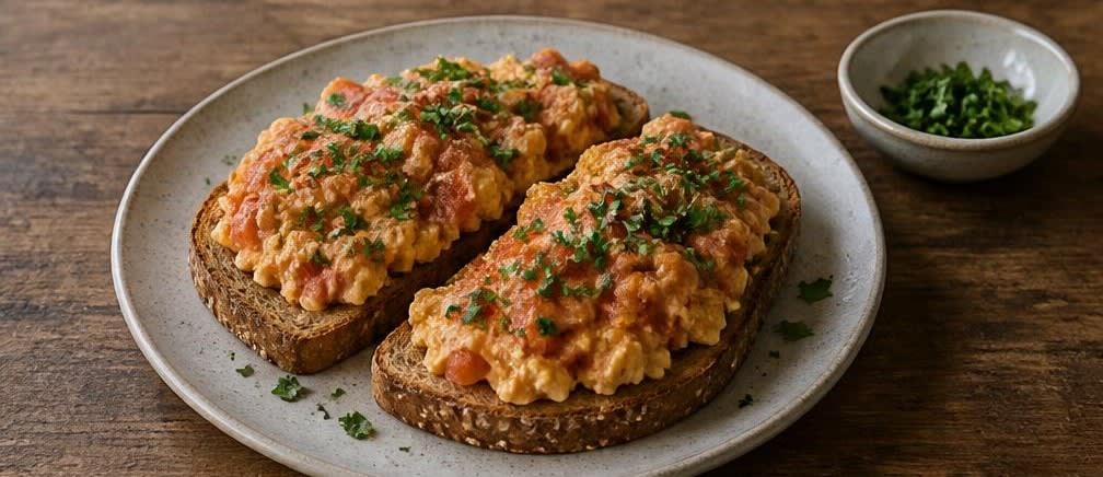 Portugiesisches Tomaten-Rührei auf Knusperbrot – Zubereitung Schritt für Schritt – Anrichten